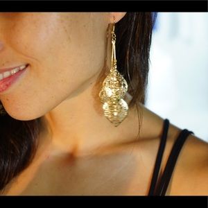Women's gold drop dangle leaf feather earrings